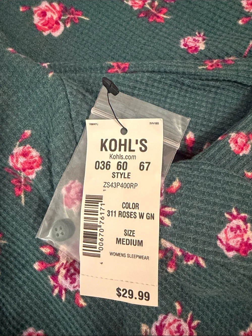 Sonoma Teal Floral Thermal Pajama Set with Pink Rose Print